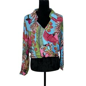Rachel Rachel Roy Blouse Womens M Blue Tropical Print Collared Long Sleeve Crop